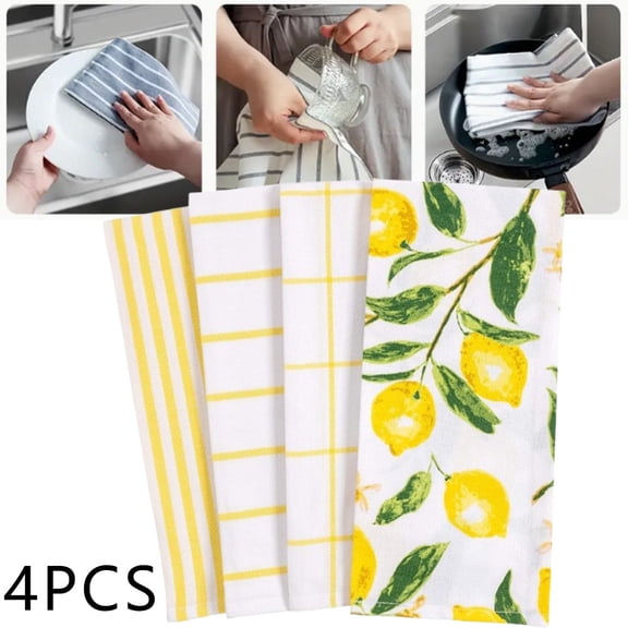 Lemon Print Kitchen Towels, Set of 4 Cotton Dish Towels 16x24 Inches with All Over Pantry Pattern, Absorbent Tea Towels for Kitchen & Decor