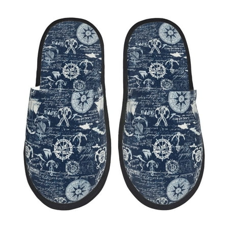 Balery Sailing Cruises Nautical Slient Indoor Furry Fleece Comfort House Shoes Soft Non-Slip Home Shoes Cotton slippers House Slippers-- Medium