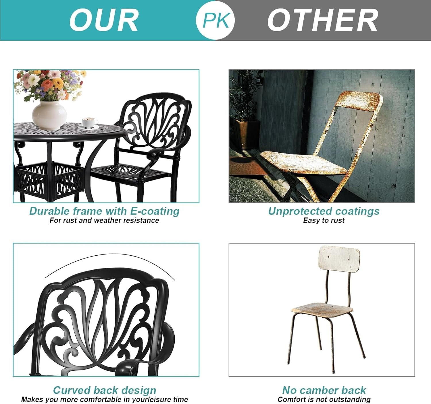 PATIO-IN 2 Piece Cast Aluminum Patio Dining Chairs, Stackable Outdoor Dining Chairs with Armrests, Outdoor Bistro Chairs for Balcony, Backyard, Garden, Black