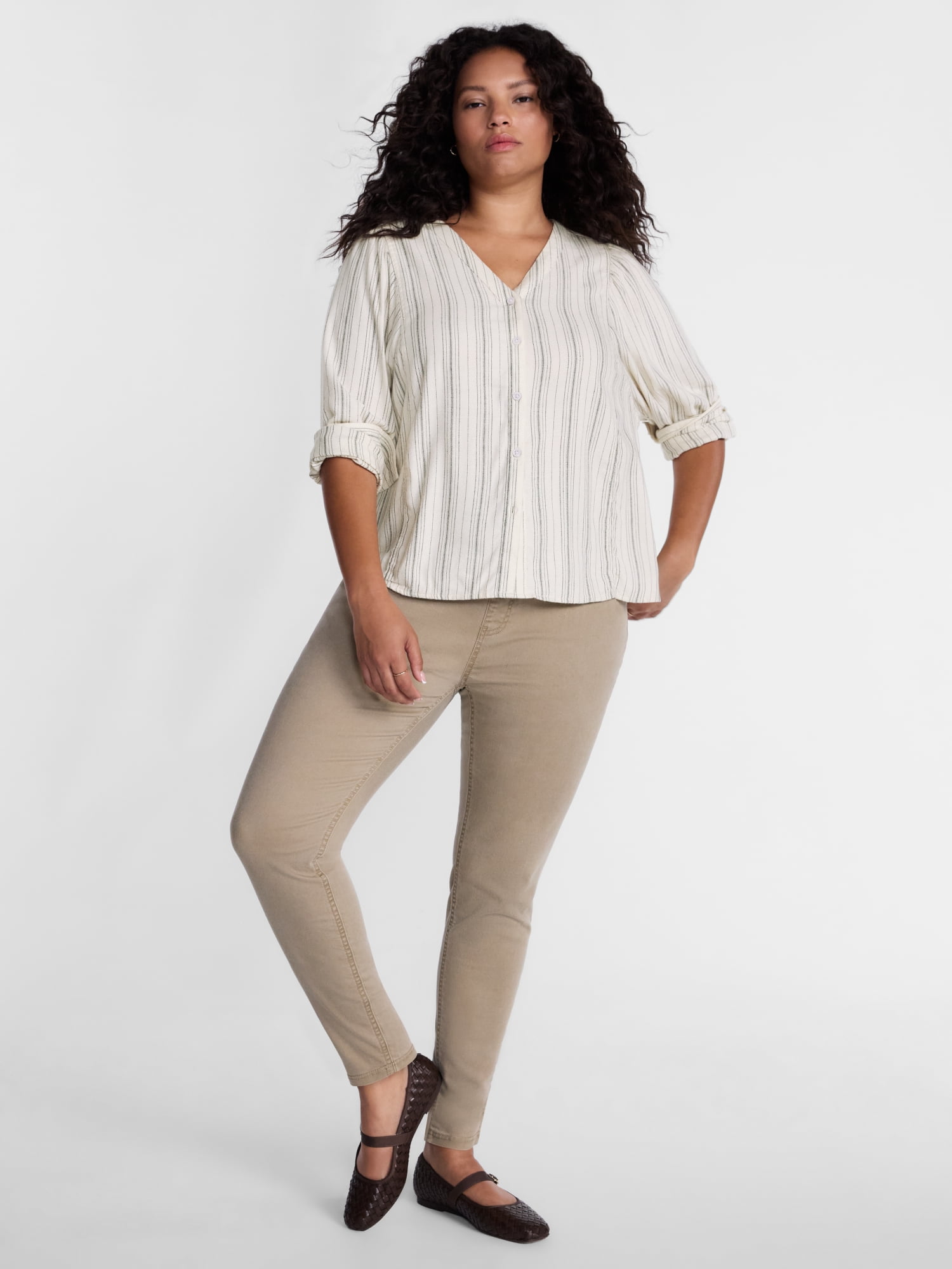 Terra & Sky Women's Plus Puff Sleeve Long Sleeve Woven Top, Sizes 0X- 5X
