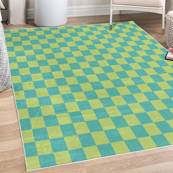 Checkers Game Decorative Rug, Geometric Grid Style Monochrome Squares in Traditional Game Board Design, Quality Carpet for Bedroom Dorm and Living Room, 6 Sizes, Teal Green, by Ambesonne