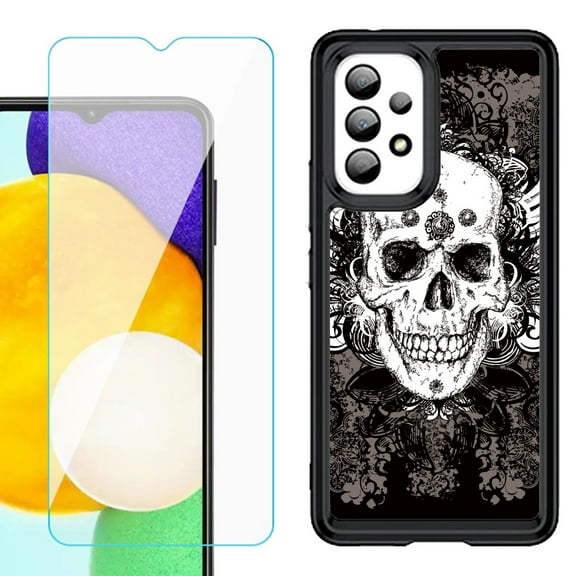 Shockproof Bumper (Black Frame) phone Case for Samsung Galaxy A23 5G, with Tempered Glass Screen Protector, by OneToughShield ® - Grunge Skull