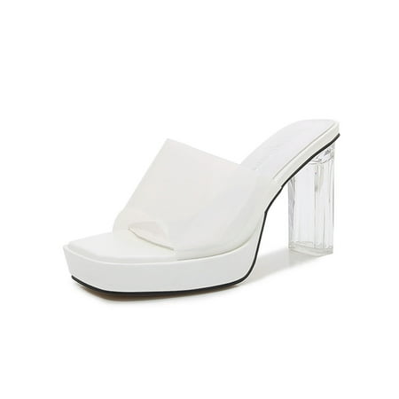 

Lumento Heeled Sandals for Womens Transparent Slip On High Heels Chunky Slide Sandal Casual Summer Shoes Outdoor Clear Mules White 5.5