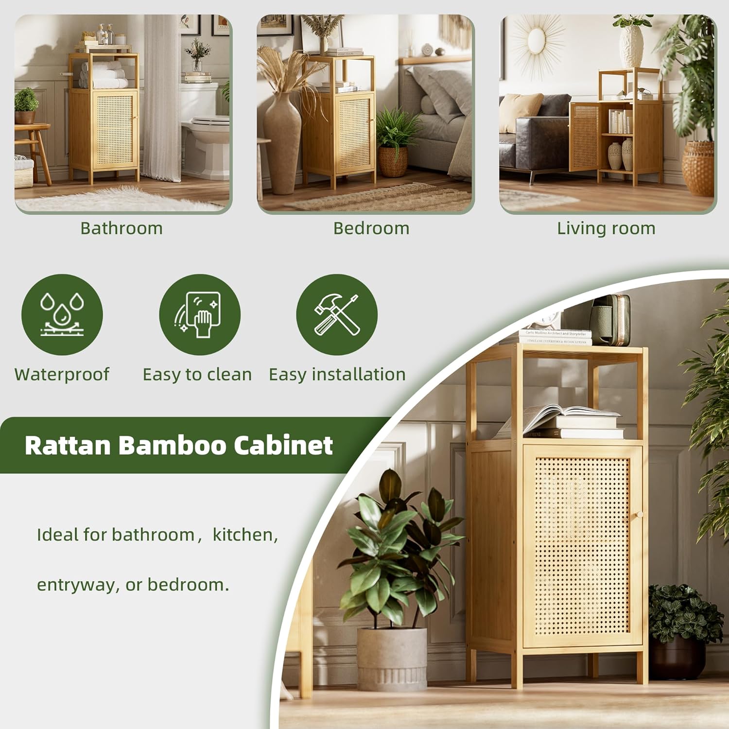 Bamboo Floor Cabinet, Bathroom Storage Organizer Rack with Single Rattan Door and 1 Shelf, Small Wooden Side Cupboard Stand for Entryway, Laundry, Kitchen, Living Room (Natural)