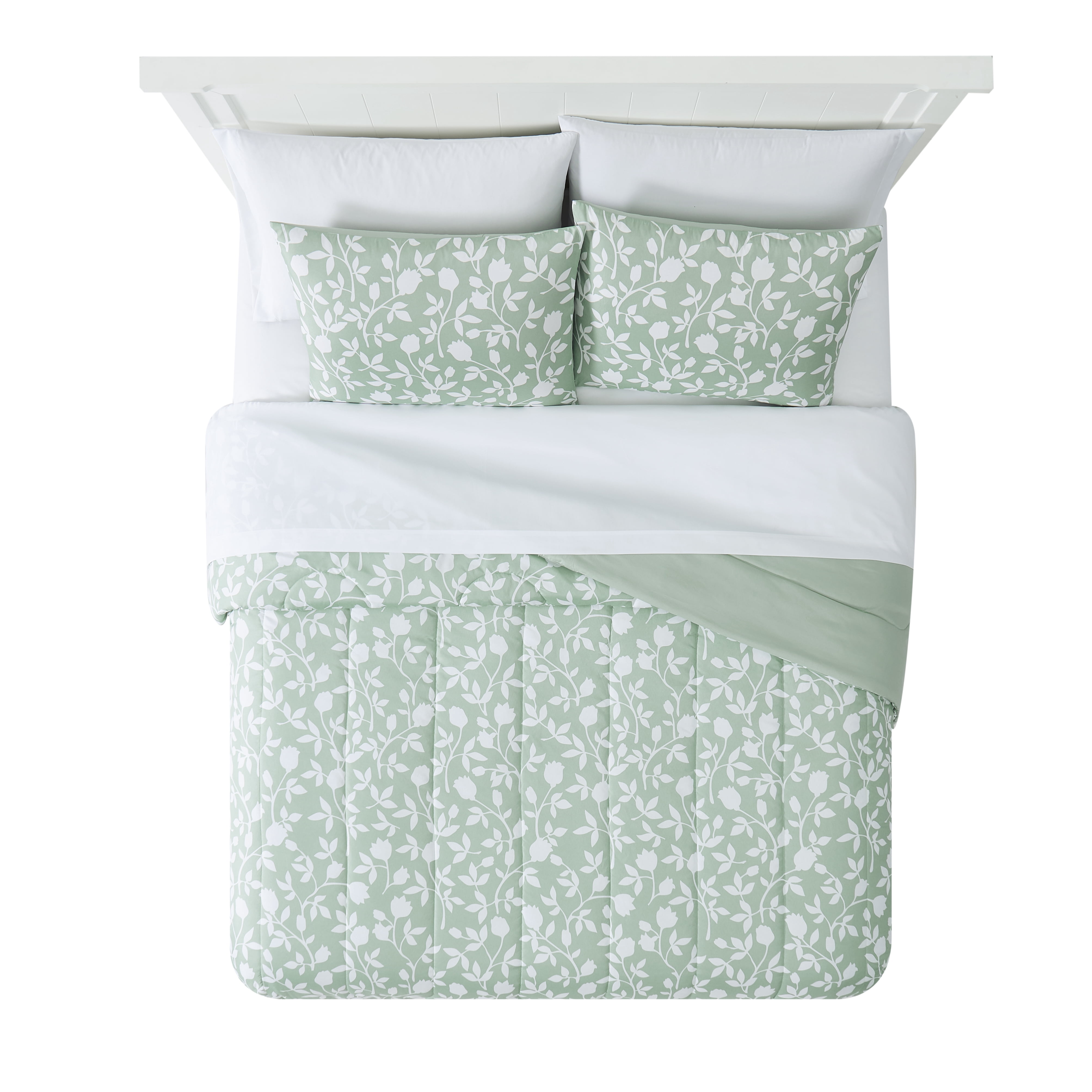 Mainstays 7 Piece Reversible Bed in a Bag Comforter Set with Sheets, Green Floral, Queen