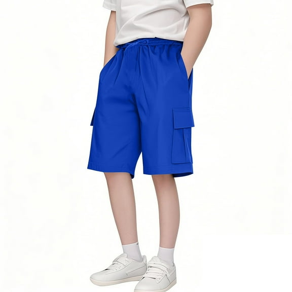 LIJCC Boys' Solid Color Pocket Lightweight Cargo Shorts Casual Shorts Hot Pants Beach Vacation Elastic Lace up Shorts(Blue,9-10 Years)