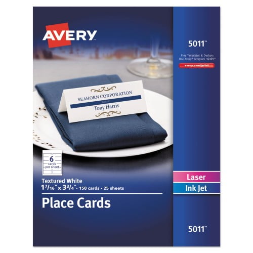 Avery® Printable Place Cards with Sure Feed® Technology, 1-7/16 x 3-3/4,  Textured White, 150 Blank Place Cards (5011)