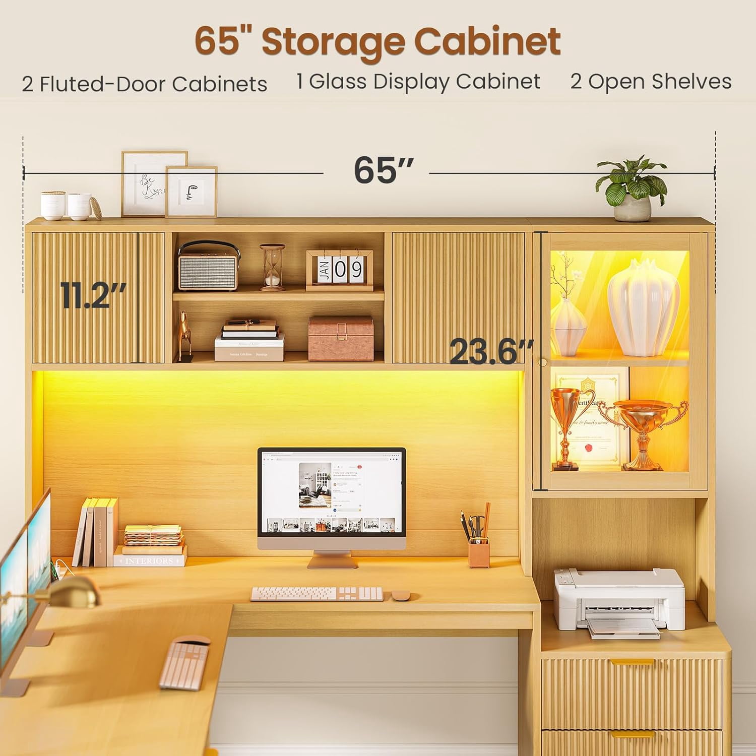 SEDETA 67" L Shaped Desk with Hutch, Corner Home Office Desk with Power Outlets, Fluted Computer Desk with File Drawer, Storage Cabinet & Glass Display Cabinet for Bedroom, Gaming Desk, Oak