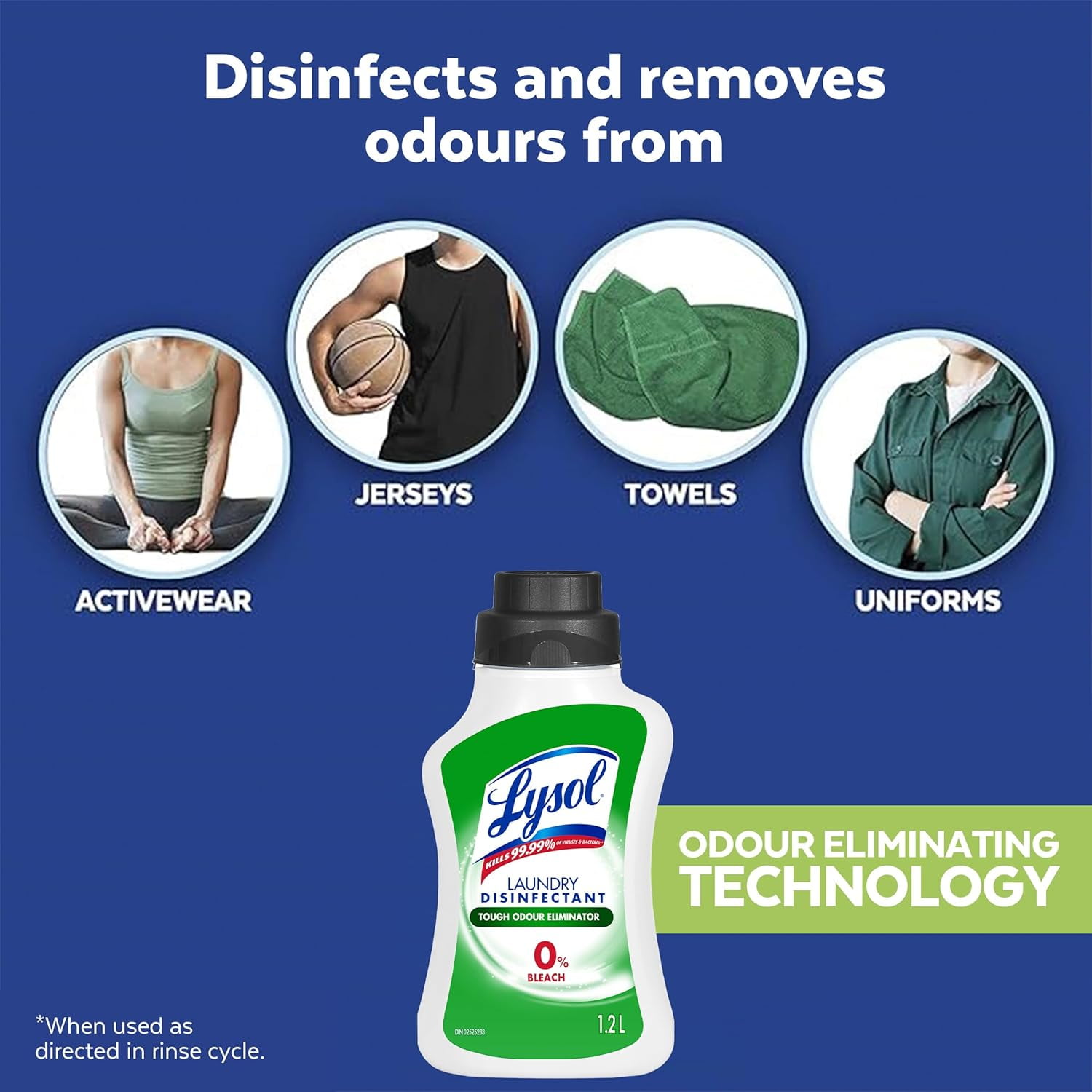 Lysol Laundry Disinfectant, Odour Eliminator, 0% Bleach, Eliminates germs that detergents may leave behind, 1.2 L
