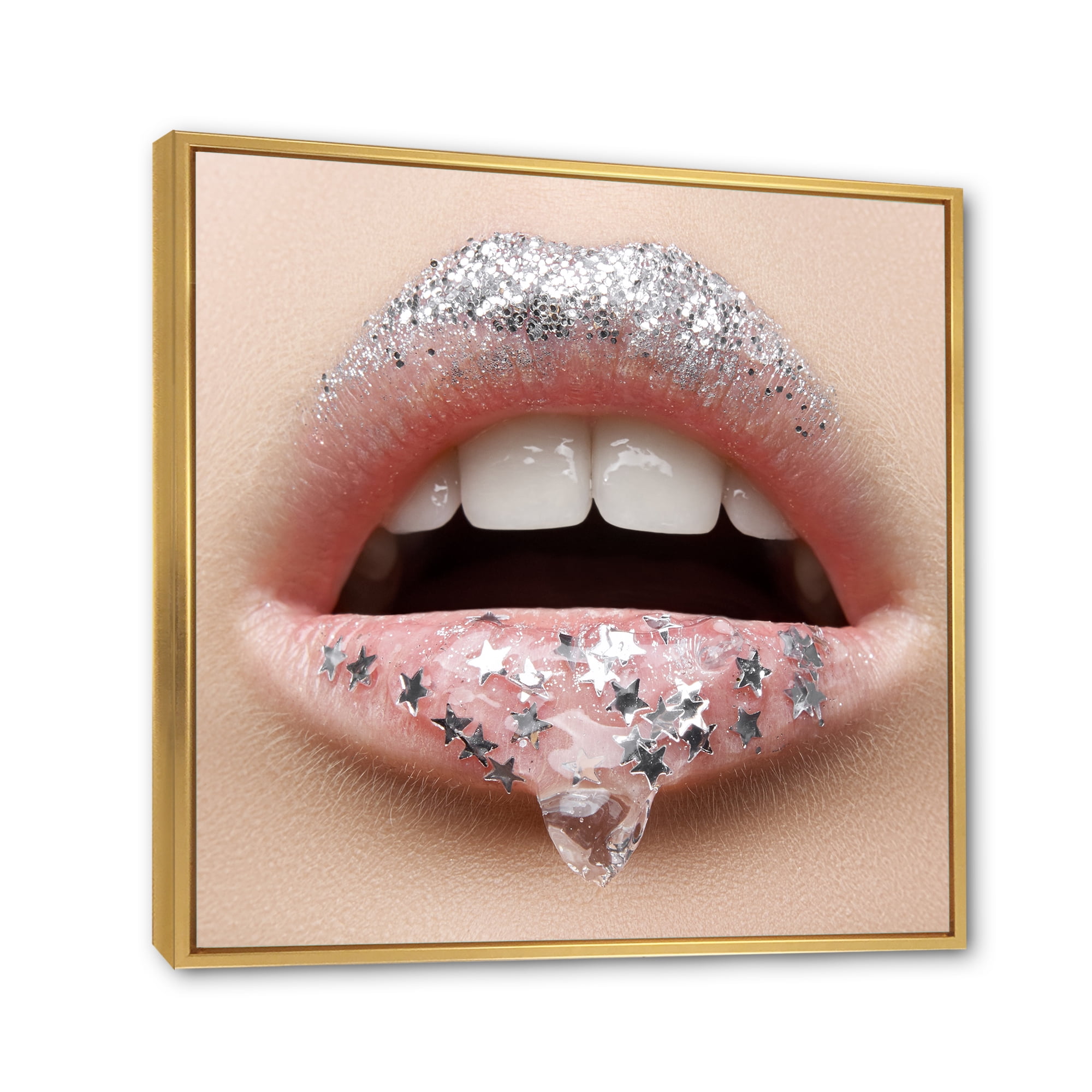 Designart 'Woman Lips With A Gel On The Lips & Stars' Modern Framed Canvas Wall Art Print