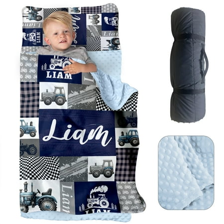 AOLOA Personalized Name Nap Mat for Toddlers Custom Sleeping Bag with Pillow Case & Blanket for Kids Boys Blue Tractor Design Slumber Bags for Daycare Preschool Kindergarten