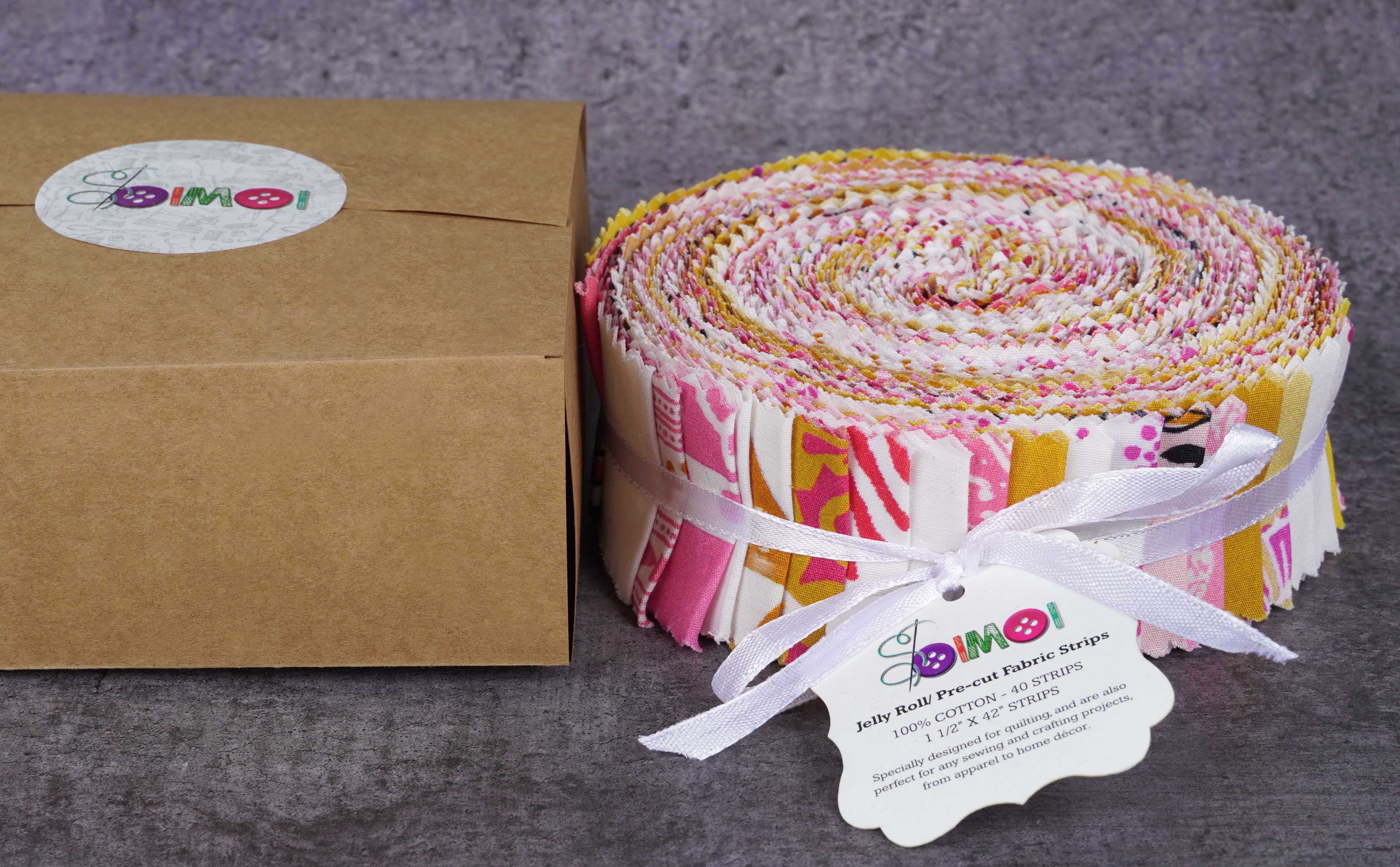 Soimoi 40Pcs Block Print Precut Fabrics Strips Roll Up 1.5x42inches Cotton Jelly Rolls For Quilting - Light Pink