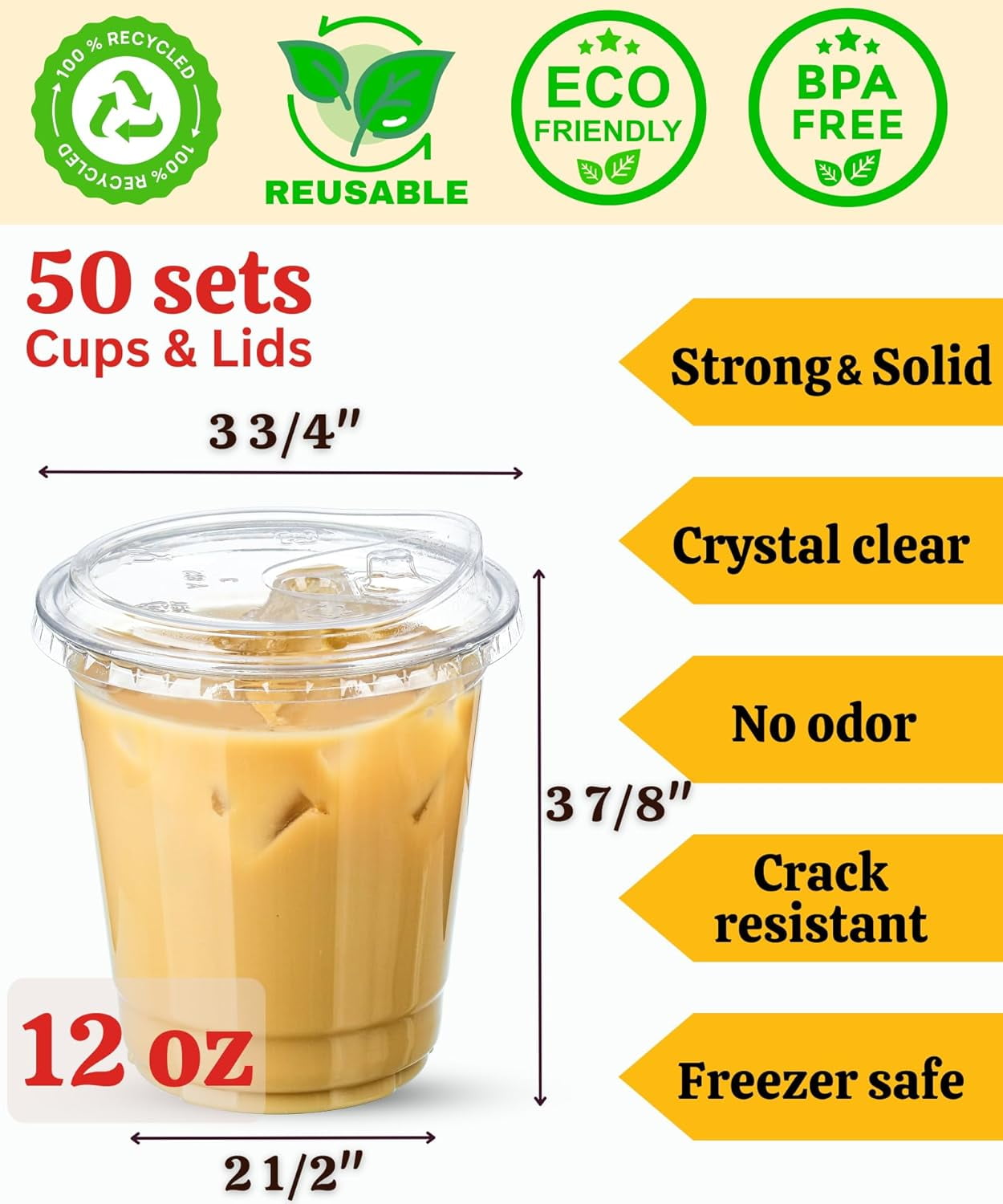 JJEAN-12 oz Clear Plastic Cups with Lids, 50 Sets Disposable Plastic Iced Coffee Cups with Strawless Sip-Lids, To Go Coffee Cup for Smoothie, Milkshake, Cold Drinks