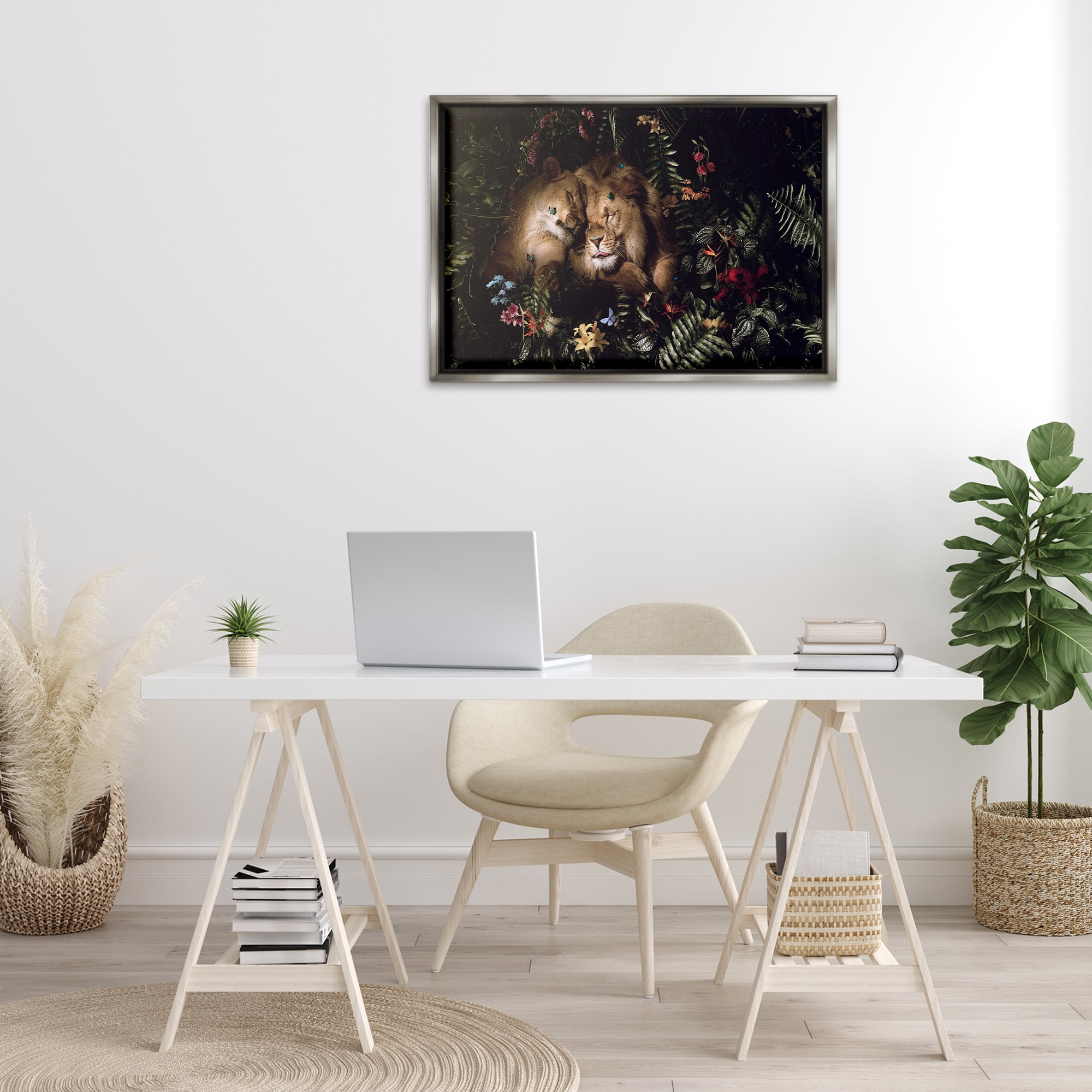 Stupell Industries Cuddling Lions Among Leaves Plants & Flowers Painting Gray Floater Framed Canvas Art Print Wall Art, 31 x 21