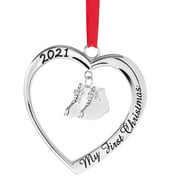 Baby's First Christmas Ornament 2021 - Silver Heart with Hanging Shoes Christmas Ornament - Babies Christmas Ornament Engraved My First Christmas 2021 - Baby Ornament 2021 with Gift Box By Klikel