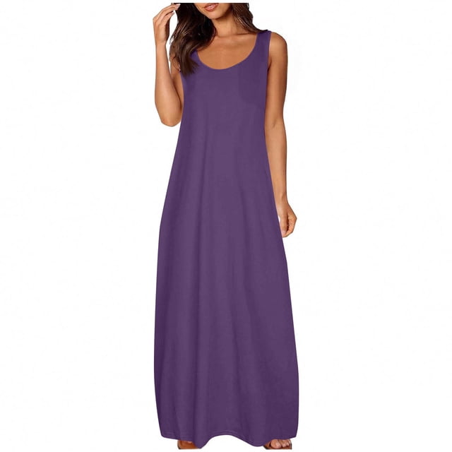 LOVZFMLL Robes pour Femmes Col Rond Uni Manches Courtes/sans Manches Robes Débardeurs d'Été Décontractées Amples Plage Maxi Robes Soleil Violet Foncé A S