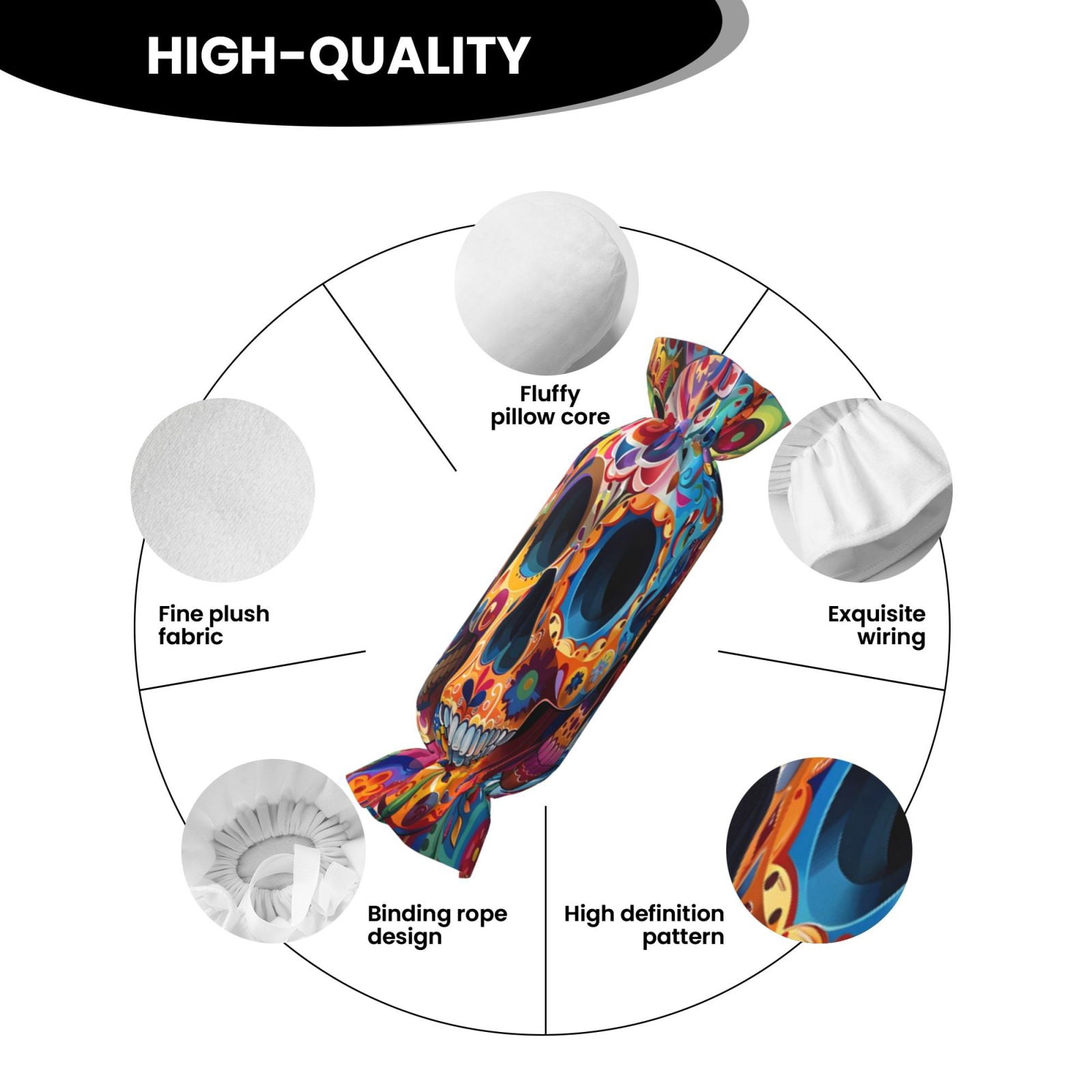 Candy Throw Pillow Travel Cervical Pillow Cylindrical Neck Body Cushion With Insert For Bed Couch Home Decor 9.8x24.4in Festive Sugar Skulls (4)