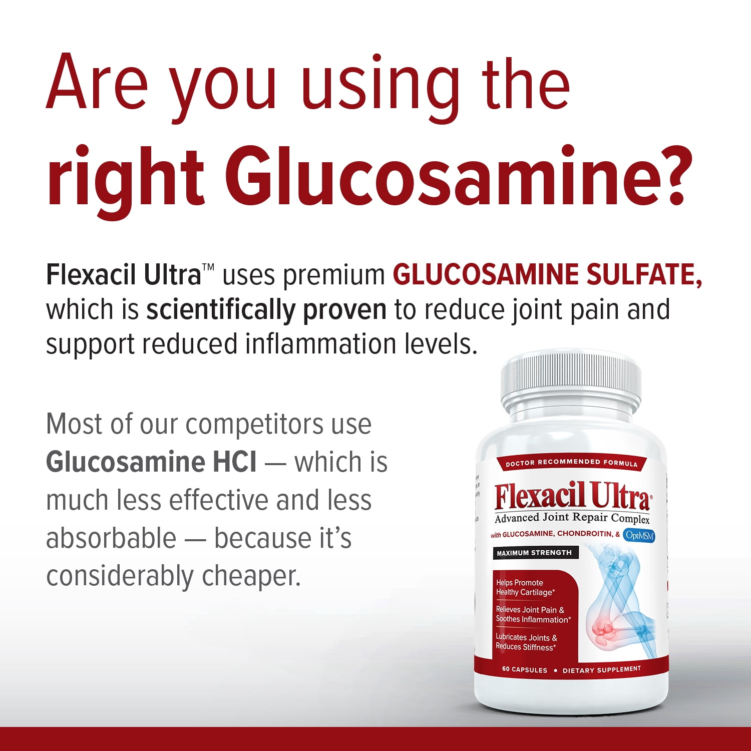 Flexacil Ultra (2 Bottles) Joint Support Supplement with Glucosamine, Chondroitin & MSM, 120 caps