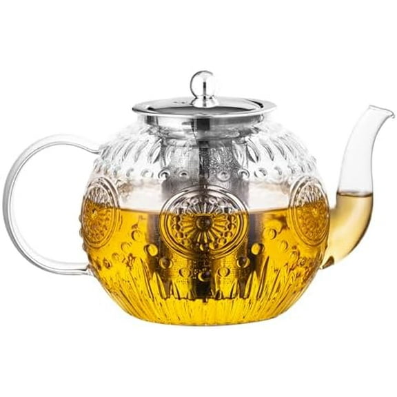 50OZ/1500ml Vintage Glass Teapot with Removable Infuser – Stovetop Safe, Borosilicate Glass Tea Kettle for Blooming & Loose Leaf Tea$$Home Decor, Kitchen, & Other