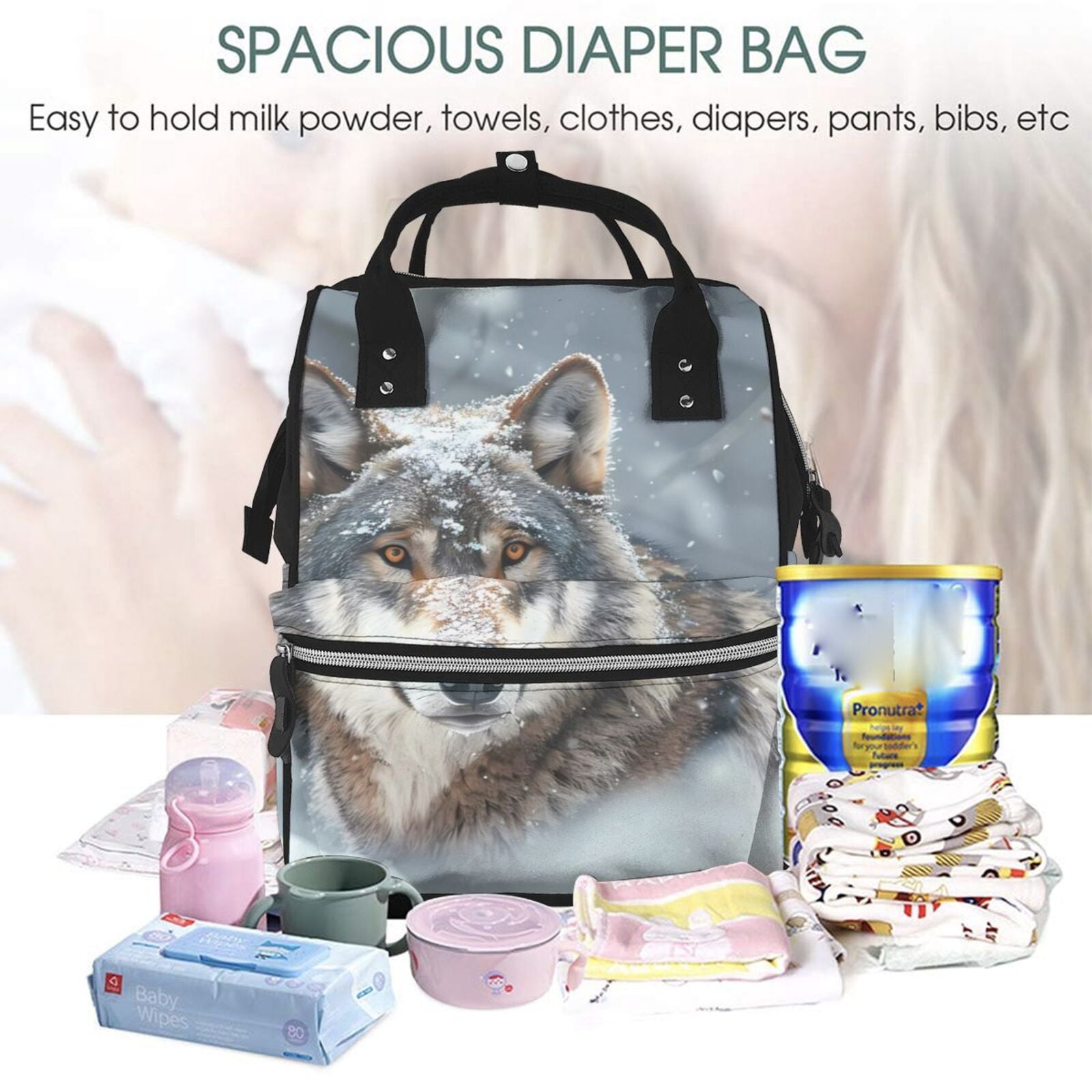 Ratiio Majestic Snowy Wolf Mummy Backpack - Waterproof Twill Canvas, Large Capacity Diaper Bag with Multiple Pockets and Adjustable Straps