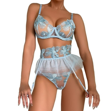 

Women s Exotic Lingerie Lace Mesh Floral Embroidery Chain Linked Garter Teddy Bodysuit With Leg Ring Peplum Set Nightwear Bra For Women