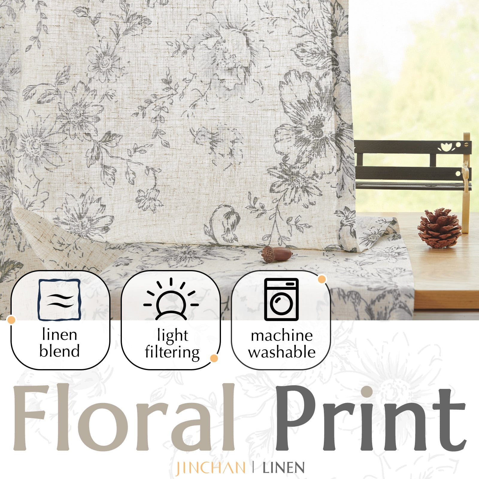 CURTAINKING Linen Curtains Floral Curtains for Living Room 84 Inch Length Grey Printed Curtains Rod Pocket Back Tab Farmhouse Peony Flower Patterned Drapes Bedroom Window Curtain Set 2 Panels