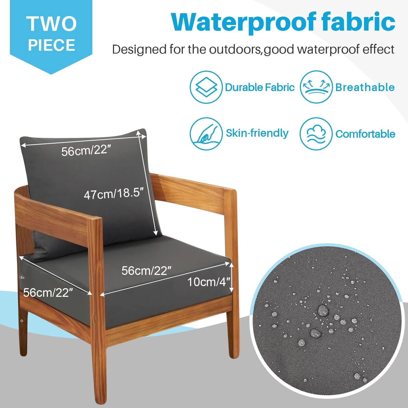 JIAN YA NA Outdoor Chair Cushion Set,  Waterproof Seat and Back Cushion for Patio Furniture, 22x22in, Dark Gray