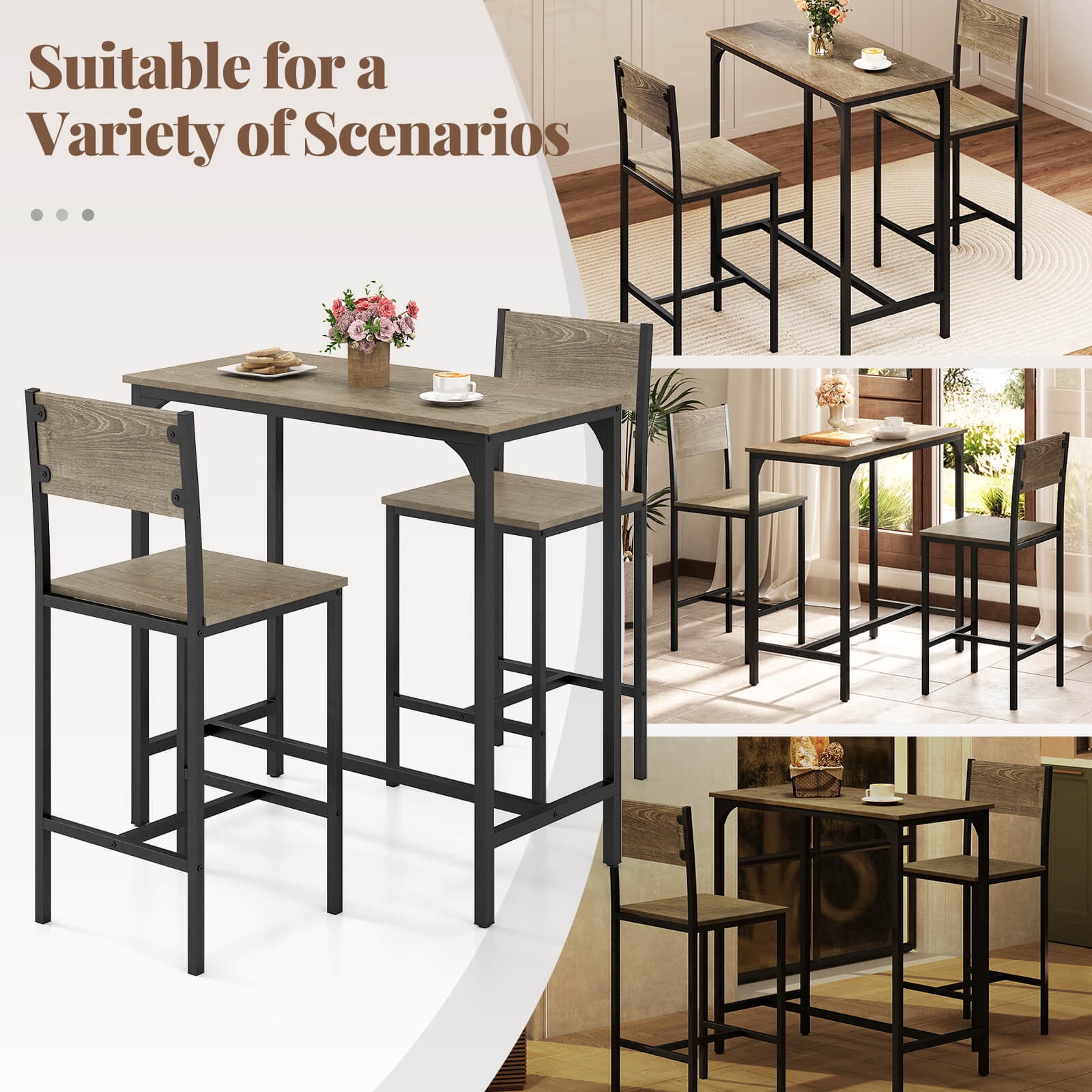 Costway 3 PCS Bar Table & Chair Set Kitchen Table with 2 Bar Stools for Small Space