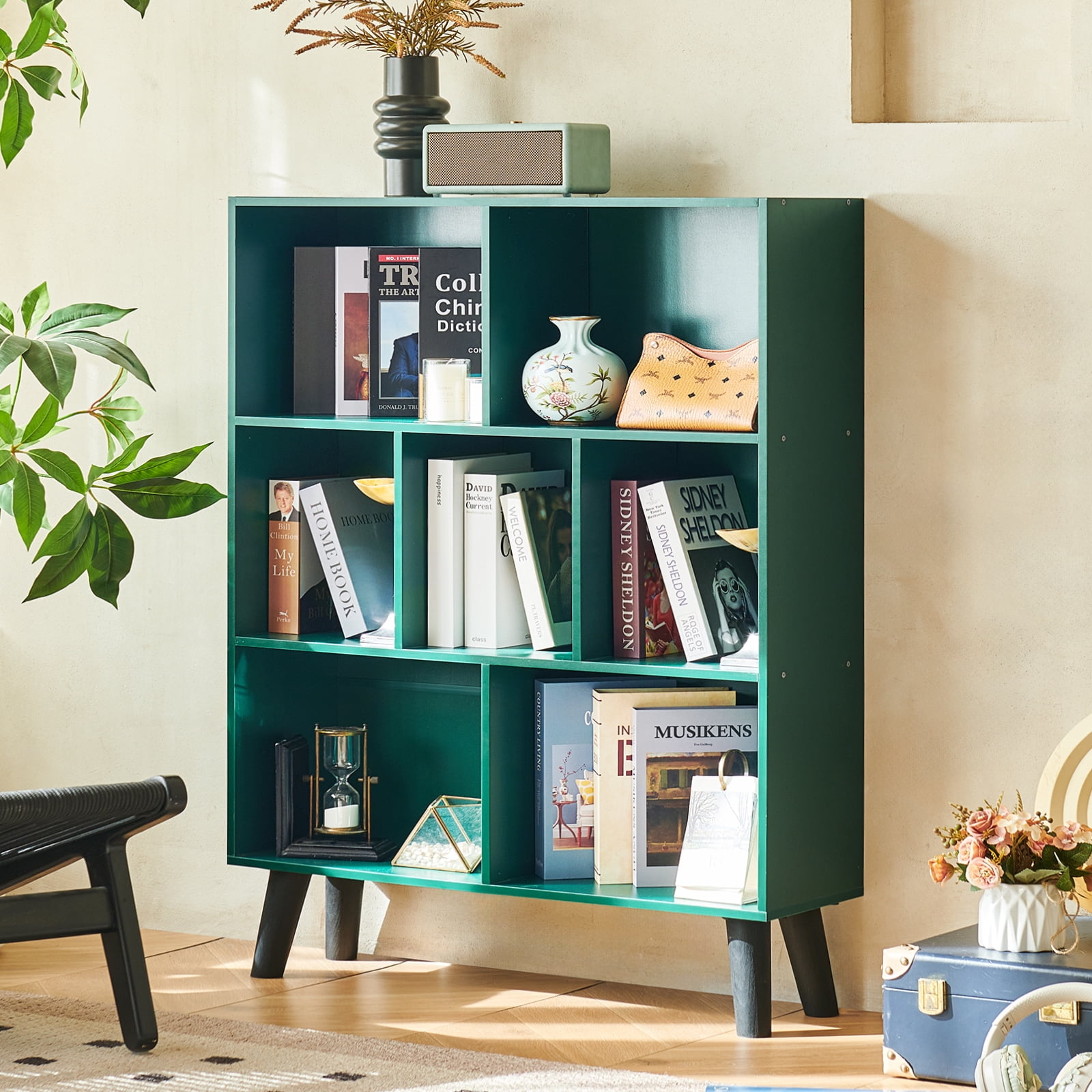 7-Cube 3-Tier Mid-Century Dark Green Bookcase with Legs, Retro Wood Storage Organizer, Freestanding Open Shelves for Bedroom, Living Room, Office