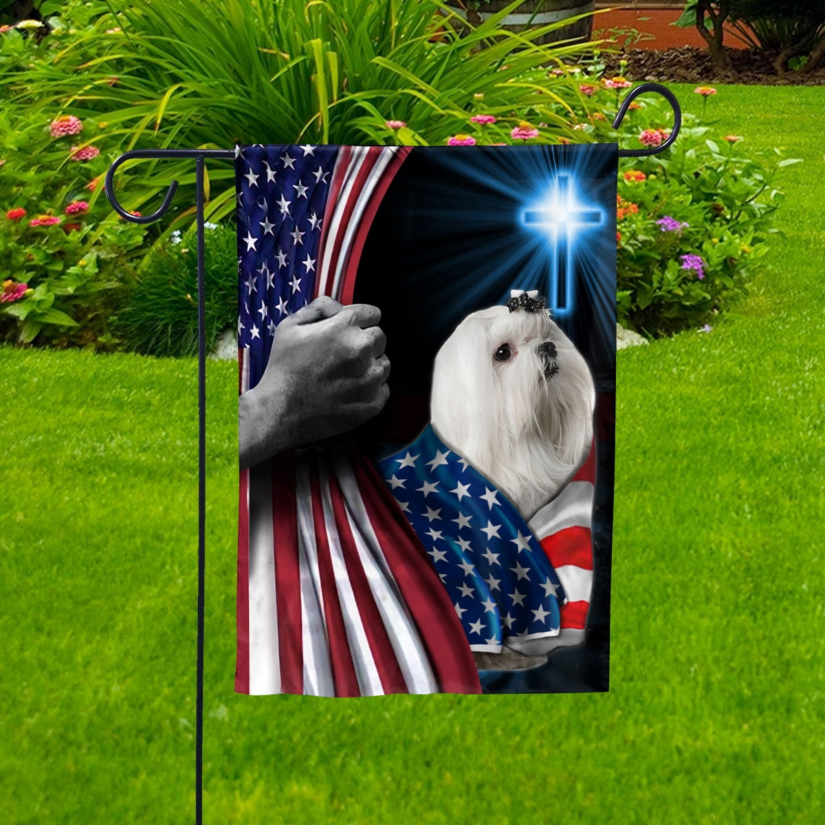 Hand Pulling USA Flag Maltese Dog Wearing Flag American Standing under Cross Christian Patriotic House Flag (3x5) Double Sided- Premium Polyester-Decorative Indoor Outdoor Flag