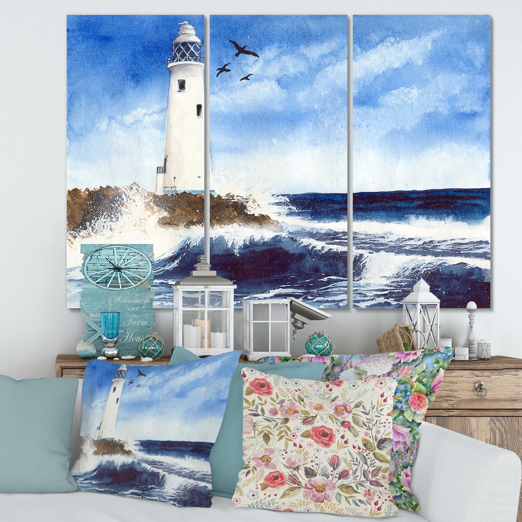 Designart ' Seagulls With Lighthouse On The Rocky Island ' Nautical & Coastal Canvas Wall Art Print