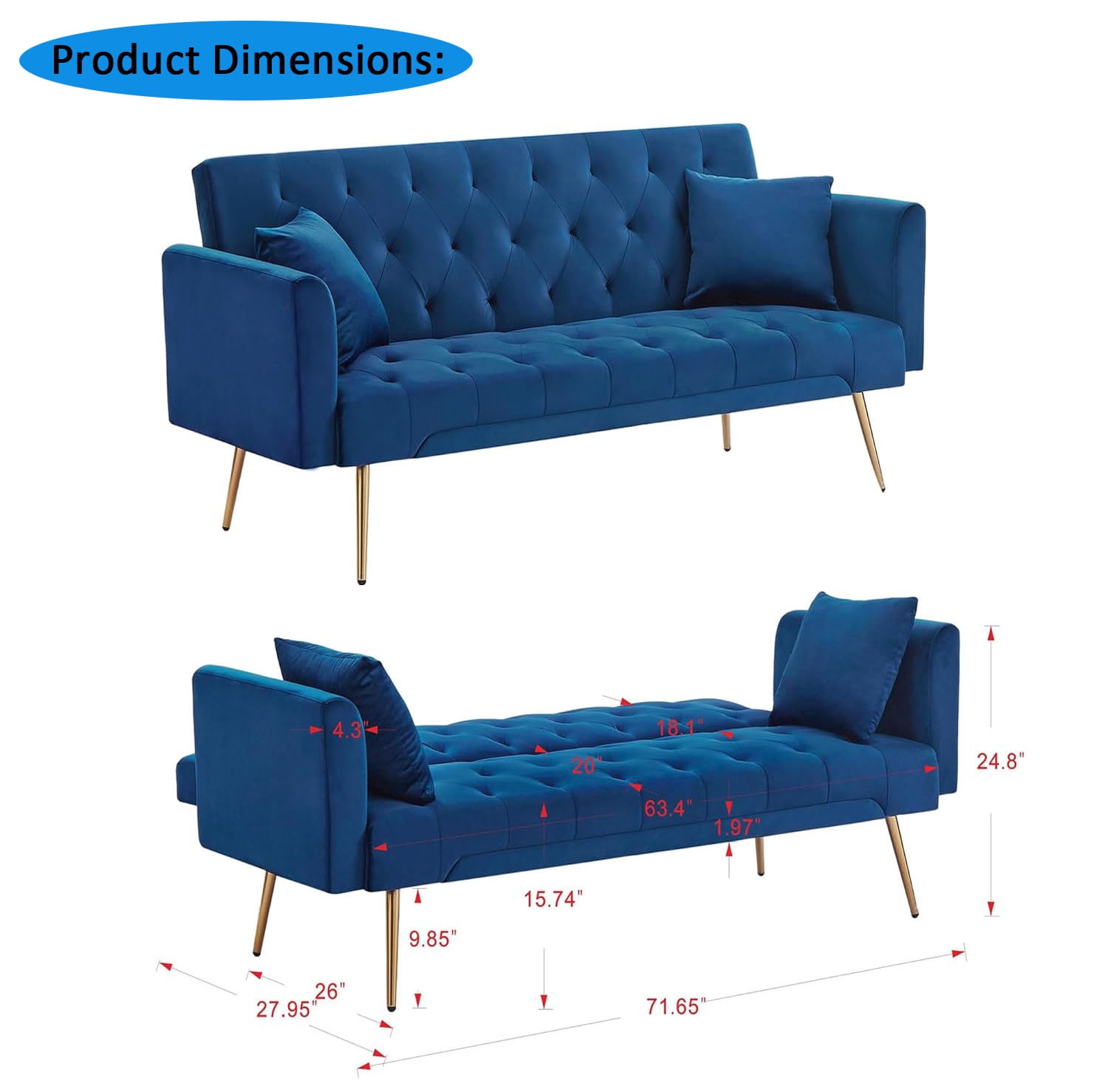 71 Inches Velvet Futon Sofa Bed with 2 Pillows,Modern Convertible Futon Couch with Adjustable Backrest,Blue