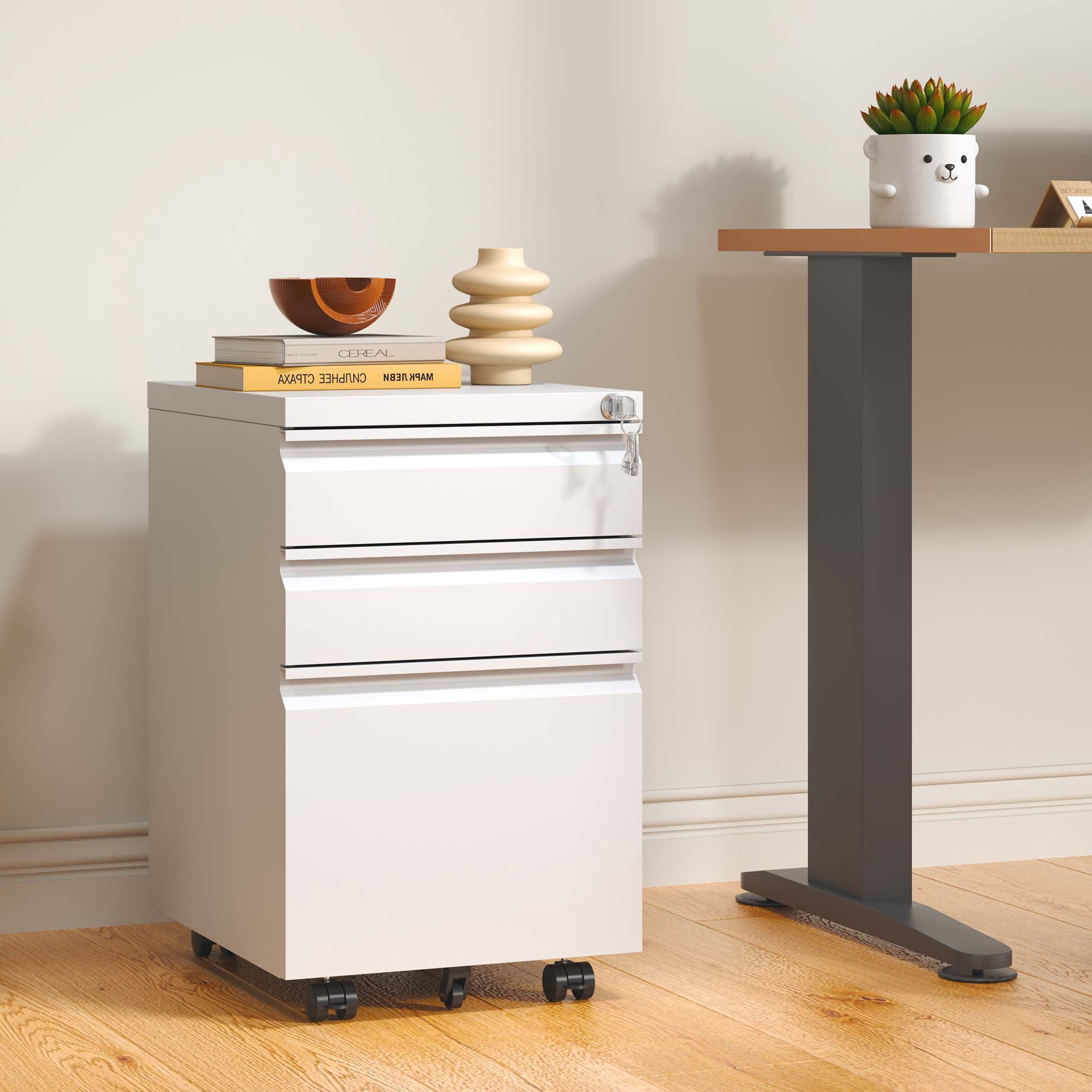 IKIMI 3 Drawer Metal Mobile File Cabinet Under Desk Vertical File Cabinet with Lock on Wheels Office Rolling Storage Cabinets for Legal/Letter/A4 File Fully Assembled