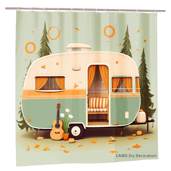 Joocen Polyester Shower Curtain Vintage Camper Trailer Autumn Forest Scene With Guitar And Flowers For Home Bathroom Bath Tub Decoration 72x72 inch