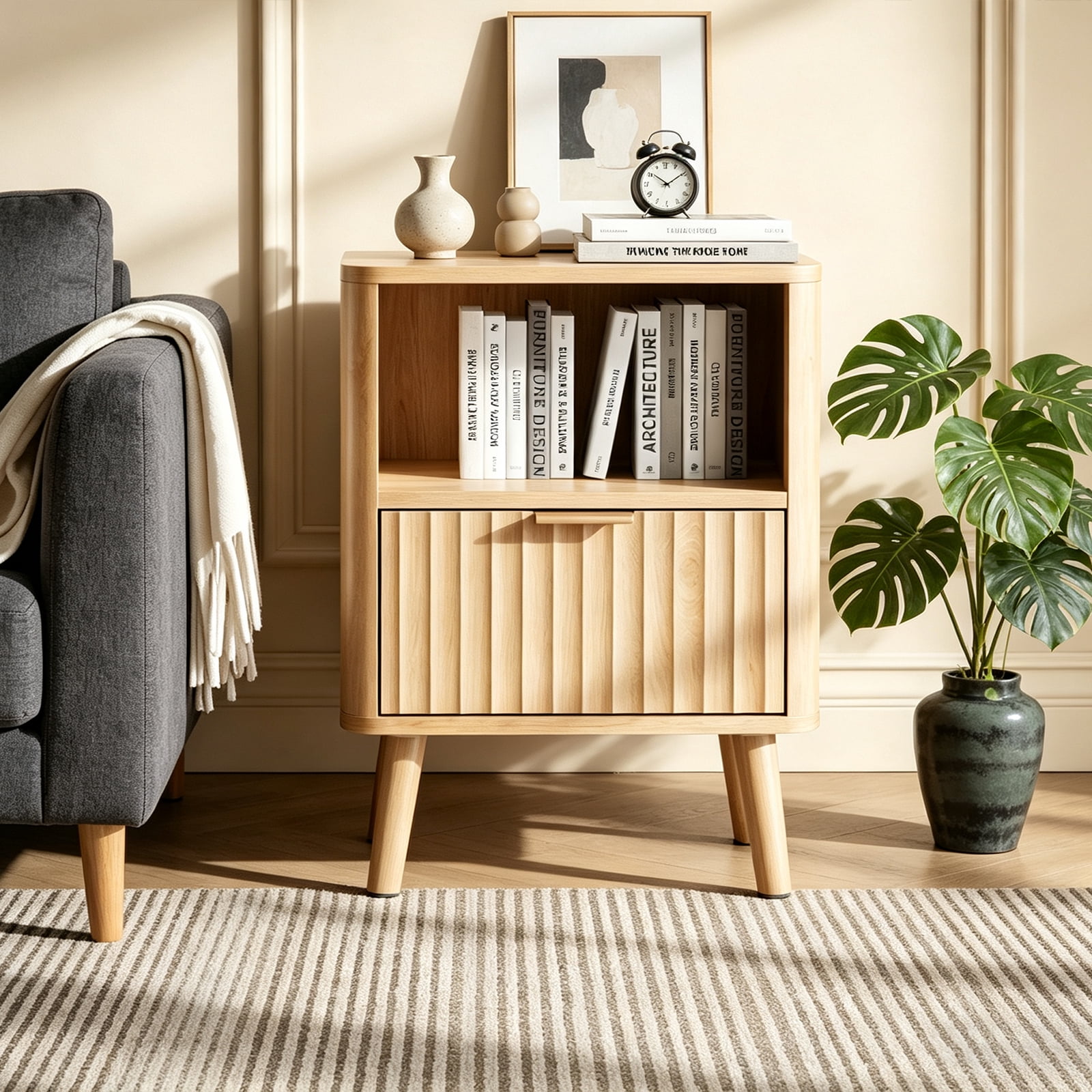 Ktaxon Fluted Nightstand with 1 Drawer, End Table Wooden Bedside Table Large Capacity Easy to Assemble, Oak