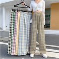 thumbnail image 1 of VISgogo Pantalones rectos de pierna ancha para mujer, pantalones largos casuales de cintura alta con estampado a cuadros y ajuste relajado VISgogo  moda, 1 of 5