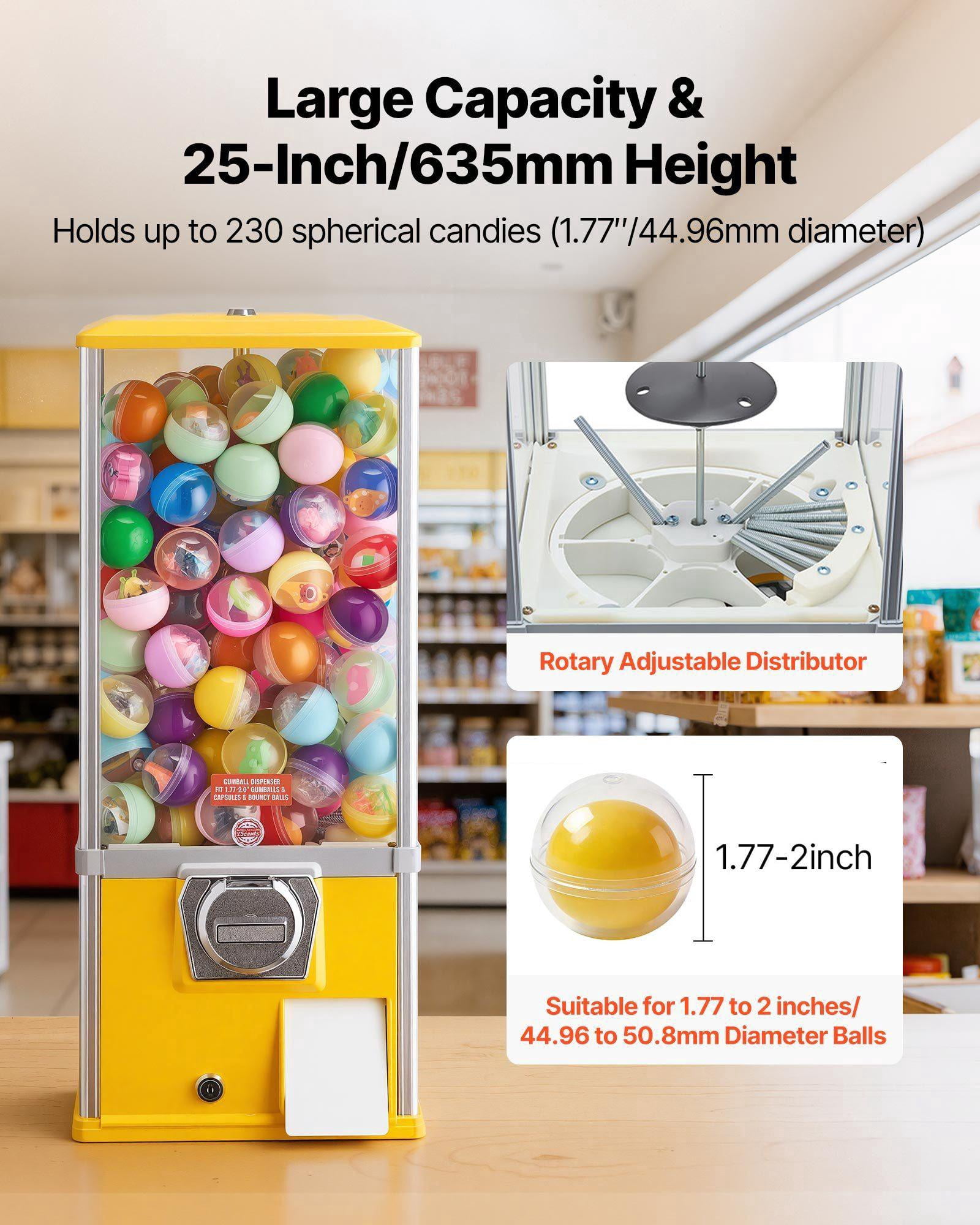 25 Inch Gumball Machine Candy Vending Dispenser Holds 230 1.77 Inch Candies for Malls Supermarkets Amusement Parks Arcades