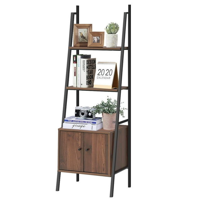 Patiojoy 3-Tier Ladder Storage Shelf Industrial Leaning Bookcase Display Stand with Cabine