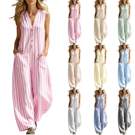Women's Casual Wide Leg Jumpsuit with Pockets, Elastic Waist Loose Fit, Sleeveless V-Neck Button Up, Summer Beach Vacation Outfit, Soft Lightweight Womens Pants | UKHCCC,Beige L