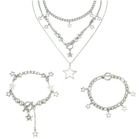 Y2K Star Necklace Set w/ 1 Necklace & 2 Bracelets - 2 Piece Silver Grunge Jewelry, Kawaii Celestial Charm Pendant for Teens Women