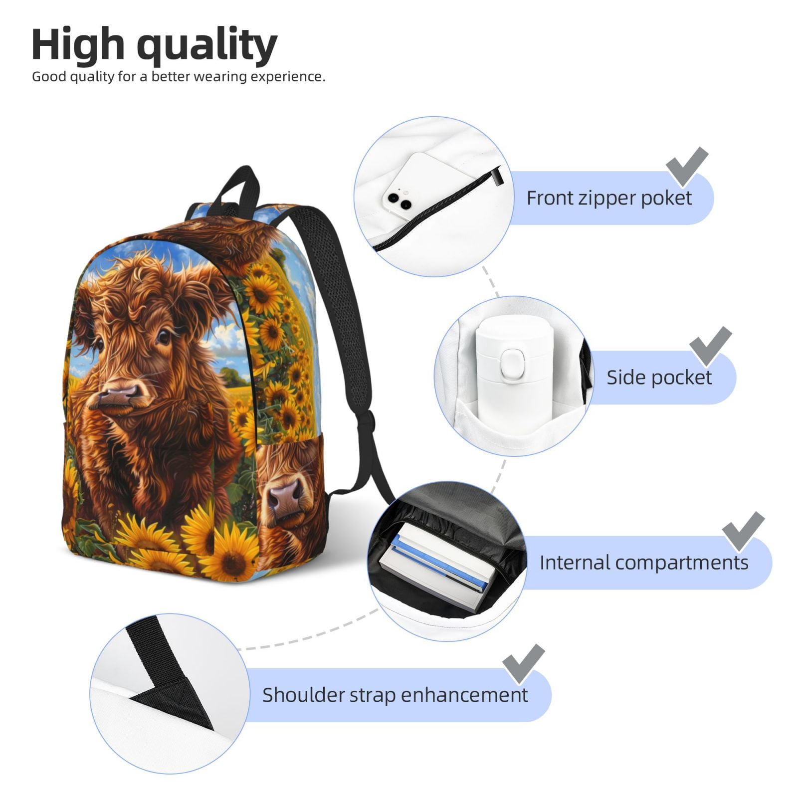 Picia Cloud Sky Sunflower Cow Printed Canvas Daypack - Stylish and Durable Vintage Compact Backpack - Class, Work, Travel, or Laptop Bookbag,Organized Compartments-Small
