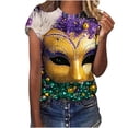 thumbnail image 4 of TrendVibe365 Mardi Gras Women's Short Sleeve Tops and Blouses Plus Size Crew Neck Polyester Casual Mask Printed Mardi Gras Celebrations Blouse Tops for Mardi Gras Event Purple L, 4 of 5
