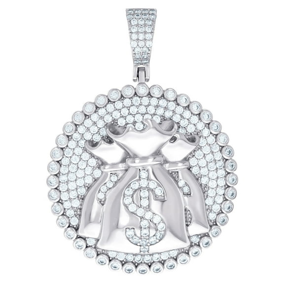 925 Sterling Silver Mens Cubic Zirconia Money Bag Currency Fashion Charm Pendant 48.8x34.7mm Wide Necklace for Men