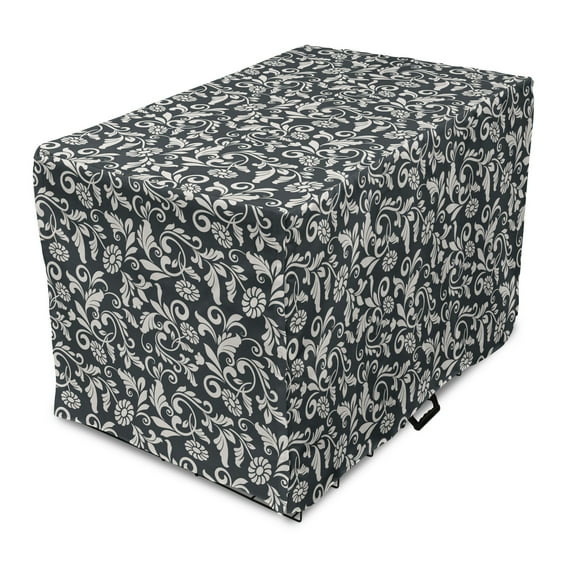 Vintage Dog Crate Cover, Layout of Burgeoning Flower Leaves Strokes and Swirls, Easy to Use Pet Kennel Cover Small Dogs Puppies Kittens, 7 Sizes, Pale Eggshell Dark Grey, by Ambesonne