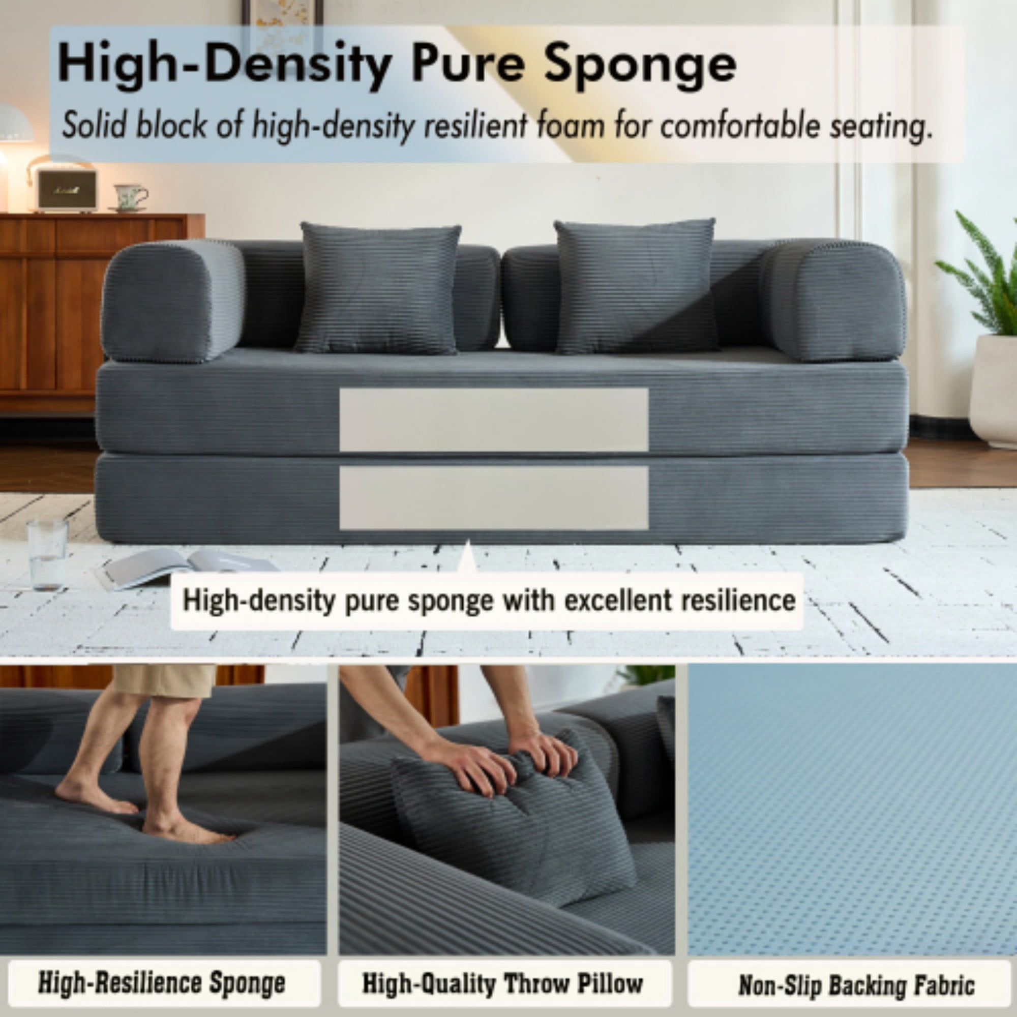 BSHTI 77" Corduroy Convertible Sleeper Sofa Bed with Cylindrical Pillow, No Assembly, Small Space for Living Room（Gray）