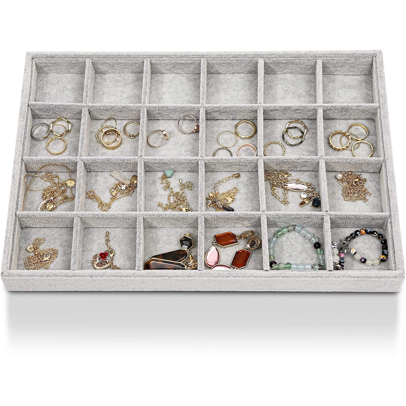 24 Grid Velvet Glass Jewelry Box Jewellery Organiser Earring Ring Cas grey 