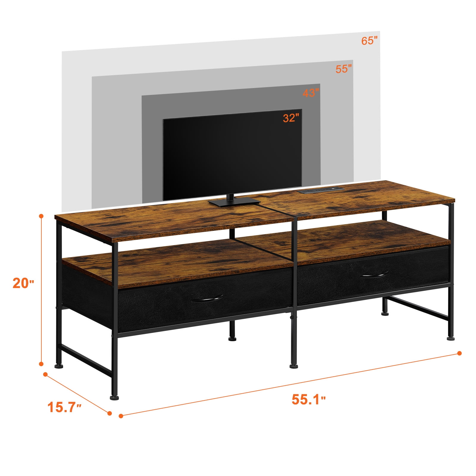 55"L Extended TV Cabinet Industrial TV Cabinet with Fabric for Living Room, Bedroom with Charging Stake Brown