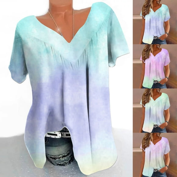 breaise Women's Pleated Tops Casual Lightweight Tie Dye T-Shirts Cute Short Sleeve V Neck Flowy Hem Blouse 2025 Summer S-5XL