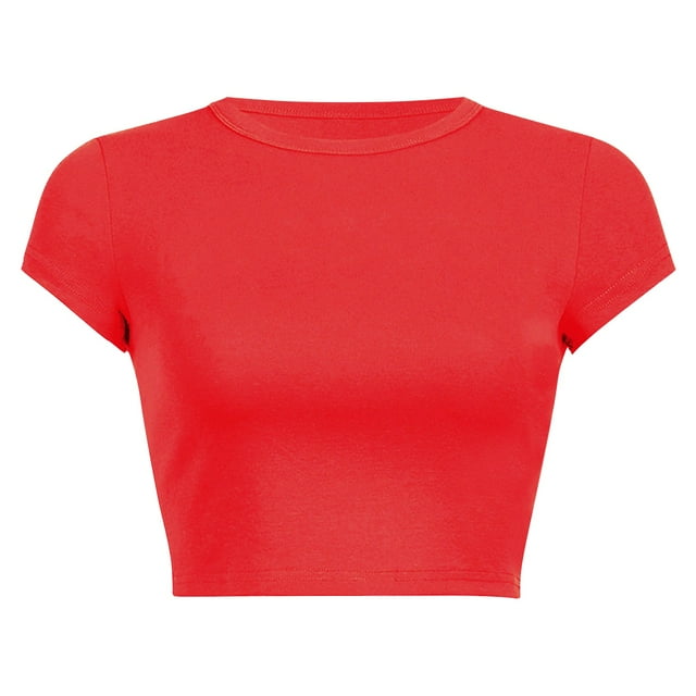 Gewsdrf Crop Tops, T-Shirts pour Femmes, T-Shirt d'Été à Col Rond Uni, Hauts Mignons, Hauts d'Été, T-Shirts pour Femmes, Rouge 1,L