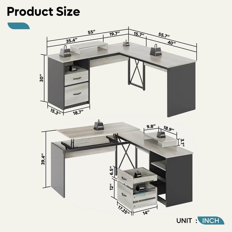 Bestier L Shaped Desk With Drawers, 55.7" X 55" Office Computer Desk With Round Corners, Monitor